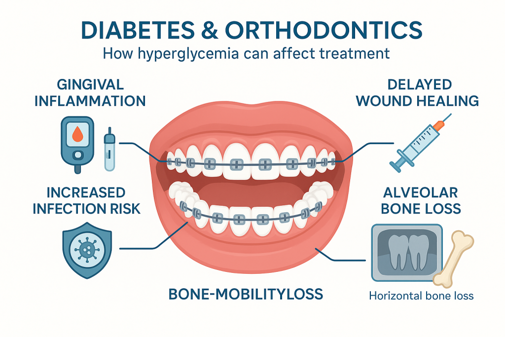 اینفوگرافیک پزشکی درباره تأثیر دیابت بر درمان ارتودنسی شامل التهاب لثه، کندی ترمیم زخم، افزایش ریسک عفونت و تحلیل استخوان فک.