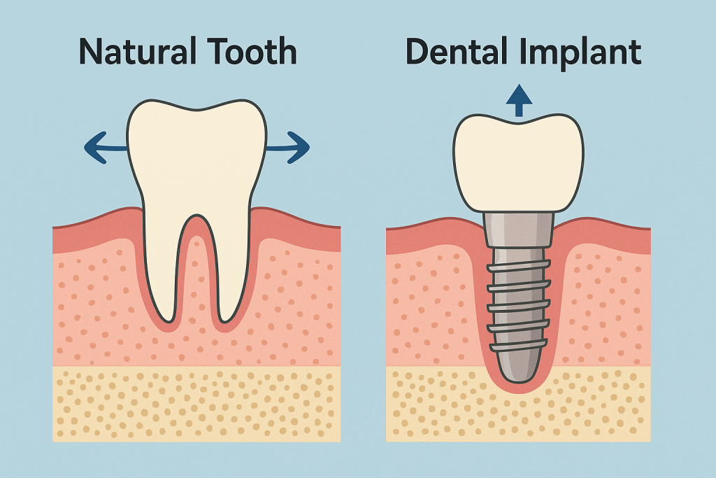 نمای شماتیک تفاوت بین دندان طبیعی و ایمپلنت دندان؛ دندان طبیعی با قابلیت حرکت در استخوان فک بهدلیل وجود الیاف لیگامان پریودنتال و ایمپلنت با اتصال مستقیم به استخوان و بدون حرکت.
