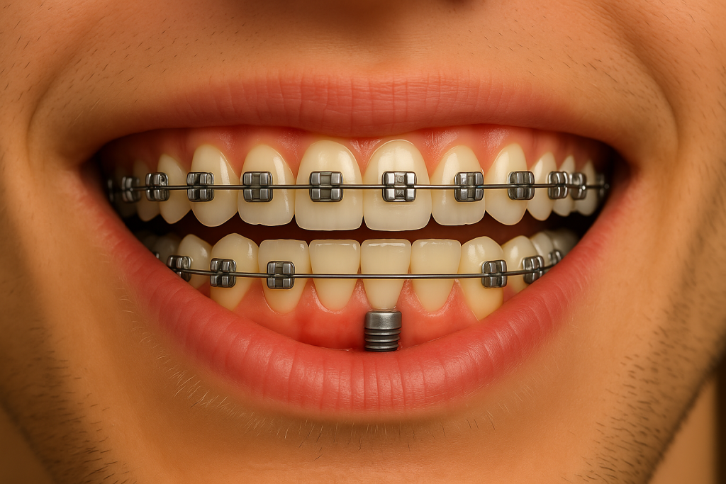 نمای نزدیک از دهان بیمار بزرگسال در حال درمان ارتودنسی، با براکتهای فلزی روی دندانها و یک ایمپلنت ثابت در فک پایین.