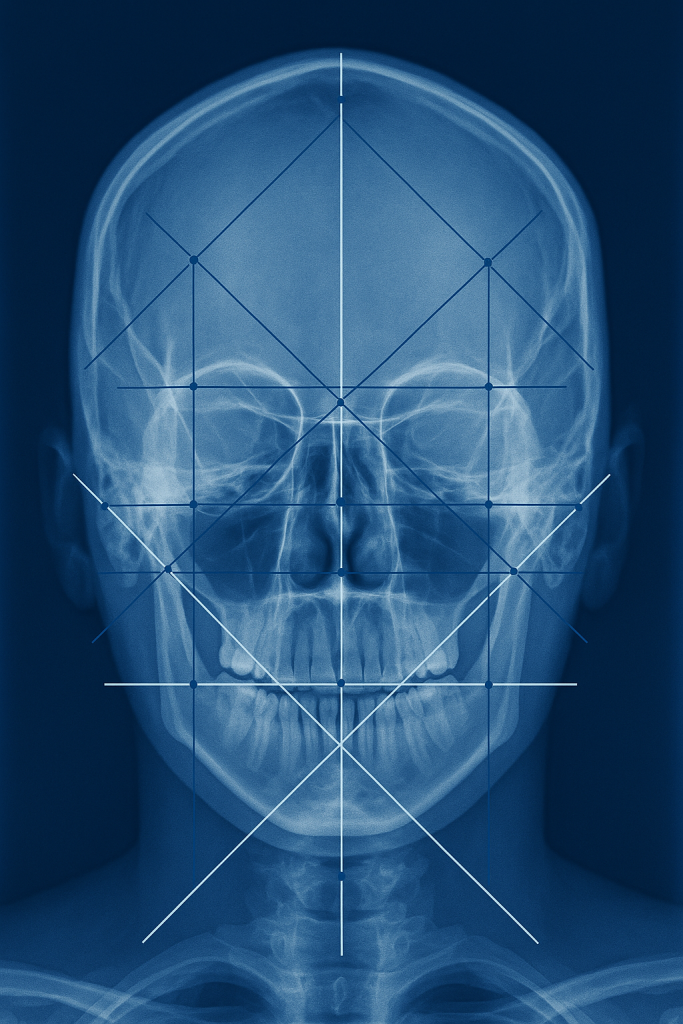 نمونه تصویر PA در تحلیل سفالومتری برای نشان دادن خطوط مرجع، نقاط آناتومیک و روش انجام آنالیز سفالومتری از نمای روبه‌رو