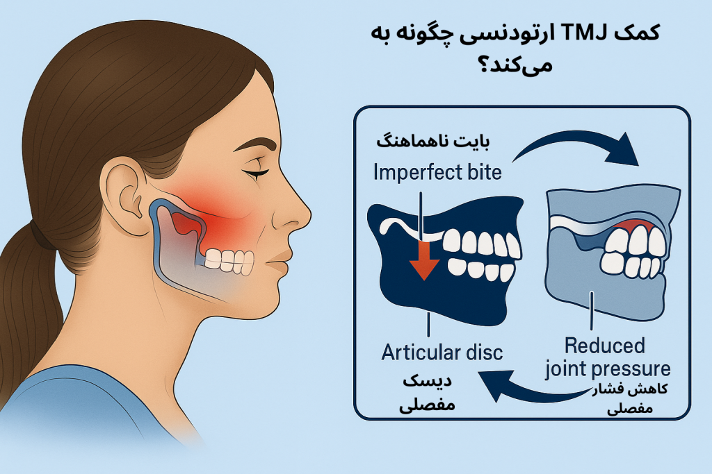 نقش اصلاح بایت در کاهش فشار مفصل فک و بهبود علائم TMJ مانند درد یکطرفه، صدا دادن فک و سایش دندانه