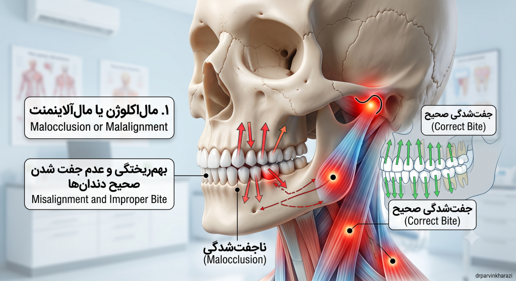 اینفوگرافیک مقایسهای مالاکلوژن (بهمریختگی دندانها) و جفتشدگی صحیح دندانها و نحوه توزیع فشار بر مفصل فک و عضلات گردن