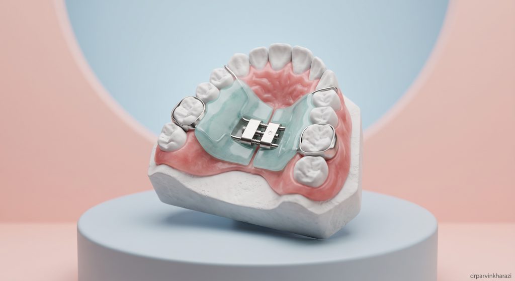 مدل سهبعدی و گرافیکی دستگاه گسترشدهنده فک بالا (Palatal Expander) متصل به قالب دندان