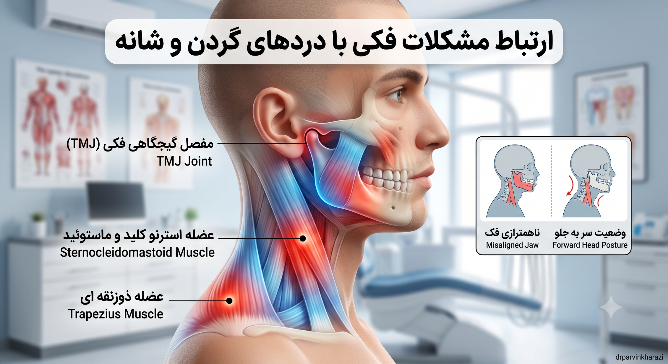 ارتباط درد گردن و فک و تاثیر آناتومیک مفصل گیجگاهی فکی TMJ بر عضلات شانه
